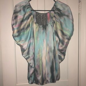 Tie dye cheetah print lace accent bubble blouse